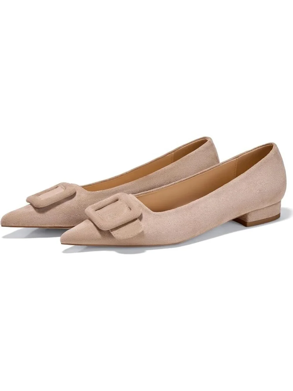 Women's Nude Rubber Pointed Toe Square Buckle Flats Slip On Comfortable Shoes